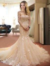 On Sale Mermaid Champagne Wedding Dress Wedding Party and For with Appliques and Hand Made Flower Sweetheart Sleeveless Court Train Lace Up