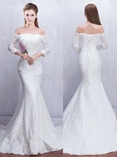 Great Mermaid Off the Shoulder With Train White Wedding Gown Lace Brush Train 3|4 Length Sleeve Lace