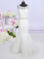 Dynamic Mermaid White Wedding Dress Wedding Party and For with Beading and Lace and Appliques and Bowknot Scoop Sleeveless Brush Train Backless