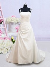 Ruching Bridal Gown White Zipper Sleeveless Brush Train