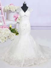 With Train Mermaid Cap Sleeves White Wedding Gown Brush Train Lace Up