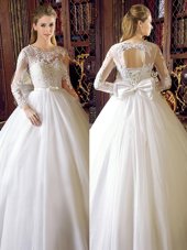White Scoop Neckline Lace and Bowknot Wedding Gown Long Sleeves Lace Up
