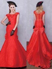 Attractive Pleated Brush Train Mermaid Bridal Gown Red Scoop Taffeta and Lace Short Sleeves Zipper