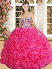 Hot Pink Quinceanera Dresses Military Ball and Sweet 16 and Quinceanera and For with Beading and Ruffles Sweetheart Sleeveless Lace Up