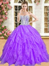 New Style Purple Sleeveless Floor Length Beading and Ruffles Lace Up Sweet 16 Quinceanera Dress