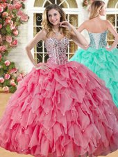 Coral Red Lace Up Quinceanera Dress Beading and Ruffles Sleeveless Floor Length