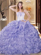 Lavender Organza Lace Up Strapless Sleeveless Floor Length Quince Ball Gowns Embroidery and Ruffles