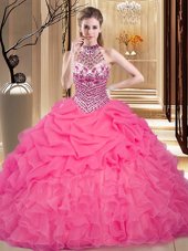 Halter Top Hot Pink Sleeveless Floor Length Beading and Ruffles and Pick Ups Lace Up Quince Ball Gowns