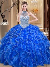Halter Top Royal Blue Lace Up Quinceanera Dress Beading and Ruffles Sleeveless Floor Length
