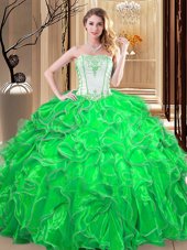 Green Lace Up Ball Gown Prom Dress Embroidery and Ruffles Sleeveless Floor Length