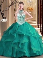 Halter Top Dark Green Sleeveless With Train Beading and Ruffles Lace Up Sweet 16 Quinceanera Dress
