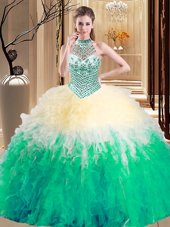 Chic Halter Top Floor Length Lace Up 15th Birthday Dress Multi-color and In for Military Ball and Sweet 16 and Quinceanera with Beading and Ruffles
