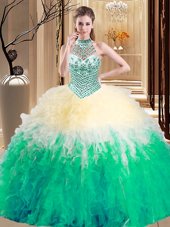 Chic Halter Top Floor Length Lace Up 15th Birthday Dress Multi-color and In for Military Ball and Sweet 16 and Quinceanera with Beading and Ruffles