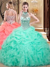 Free and Easy Apple Green Halter Top Neckline Beading and Ruffles and Pick Ups 15th Birthday Dress Sleeveless Lace Up