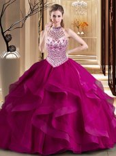 Fashionable Brush Train Ball Gowns 15 Quinceanera Dress Fuchsia Halter Top Tulle Sleeveless With Train Lace Up
