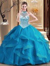 Blue Quince Ball Gowns Military Ball and Sweet 16 and Quinceanera and For with Beading and Ruffles Halter Top Sleeveless Brush Train Lace Up