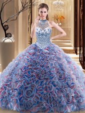 Halter Top With Train Multi-color Quinceanera Gown Fabric With Rolling Flowers Brush Train Sleeveless Beading