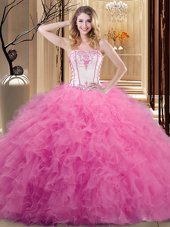 On Sale Rose Pink Ball Gowns Strapless Sleeveless Tulle Floor Length Lace Up Embroidery Quinceanera Dress