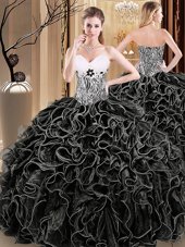 Charming Organza Sweetheart Sleeveless Lace Up Ruffles and Pattern 15 Quinceanera Dress in Black