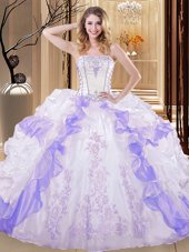 White And Purple Sleeveless Embroidery and Ruffled Layers Floor Length Quinceanera Dresses