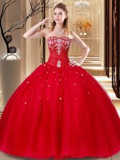 Red Ball Gowns Sweetheart Sleeveless Tulle Floor Length Lace Up Beading and Embroidery Quinceanera Gown