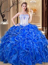 Traditional Ball Gowns Quince Ball Gowns Royal Blue Strapless Organza Sleeveless Floor Length Lace Up