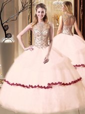 Eye-catching Peach Scoop Lace Up Beading and Appliques Sweet 16 Dresses Sleeveless