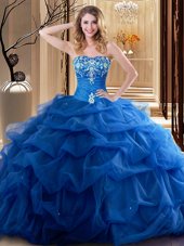 Exquisite Sweetheart Sleeveless Sweet 16 Quinceanera Dress Floor Length Embroidery and Ruffles Royal Blue Tulle