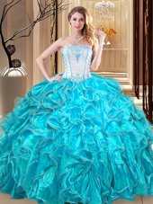 Beauteous Teal Ball Gowns Strapless Sleeveless Organza Floor Length Lace Up Embroidery and Ruffles Quince Ball Gowns