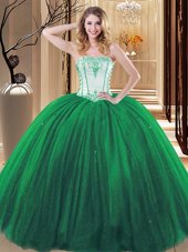 Green Tulle Lace Up Quinceanera Gowns Sleeveless Floor Length Embroidery