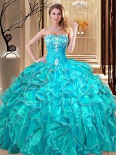 Fancy Aqua Blue Lace Up Sweetheart Embroidery and Ruffles Quinceanera Gown Organza Sleeveless