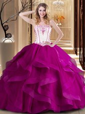 Romantic Sleeveless Floor Length Embroidery Lace Up Quince Ball Gowns with Fuchsia