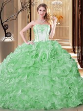 Floor Length Lace Up Quinceanera Dresses Green and In for Military Ball and Sweet 16 and Quinceanera with Embroidery and Ruffles