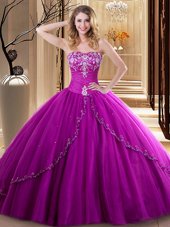 New Style Tulle Sweetheart Sleeveless Lace Up Embroidery Quinceanera Gowns in Fuchsia