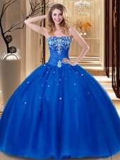 Royal Blue Ball Gowns Sweetheart Sleeveless Tulle Floor Length Lace Up Beading and Embroidery Quinceanera Gowns