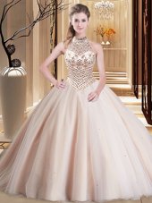 Delicate Brush Train Ball Gowns Quinceanera Gowns Peach Halter Top Tulle Sleeveless With Train Lace Up