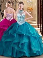 Halter Top Sleeveless Tulle With Brush Train Lace Up 15 Quinceanera Dress in Teal for with Beading and Ruffles