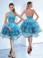 Baby Blue Halter Top Neckline Beading and Ruffled Layers Pageant Dress for Womens Sleeveless Zipper