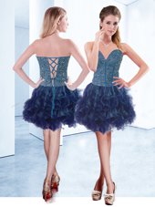 Stylish V-neck Sleeveless Custom Made Pageant Dress Mini Length Beading Navy Blue Organza
