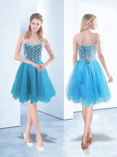 Sleeveless Organza Knee Length Lace Up Pageant Dress for Womens in Blue for with Beading