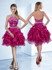 Fantastic Halter Top Fuchsia Zipper Pageant Dresses Beading and Ruffles and Pick Ups Sleeveless Knee Length