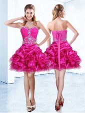 Hot Pink Sleeveless Beading and Ruffles and Pick Ups Mini Length Pageant Dress Wholesale