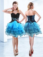 Popular Sweetheart Sleeveless Pageant Dress Toddler Mini Length Ruffled Layers Blue And Black Organza
