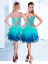 Dazzling Knee Length Aqua Blue Glitz Pageant Dress Organza Sleeveless Ruffles