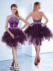 Modest Dark Purple Halter Top Zipper Beading Pageant Dress for Womens Sleeveless