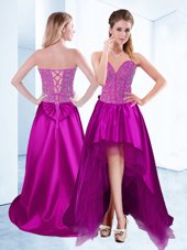 Fuchsia Satin Lace Up Sweetheart Sleeveless High Low High School Pageant Dress Beading
