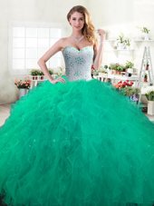 Inexpensive Green Ball Gowns Beading and Ruffles Quinceanera Dress Lace Up Tulle Sleeveless Floor Length