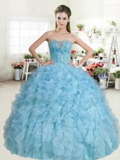 Best Selling Baby Blue Ball Gowns Beading and Ruffles Quinceanera Gowns Lace Up Organza Sleeveless Floor Length