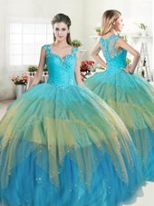 Fancy Multi-color Straps Neckline Beading and Ruffled Layers Quince Ball Gowns Sleeveless Zipper