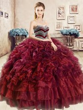 Stunning Wine Red Sleeveless Beading and Ruffles Floor Length 15th Birthday Dress